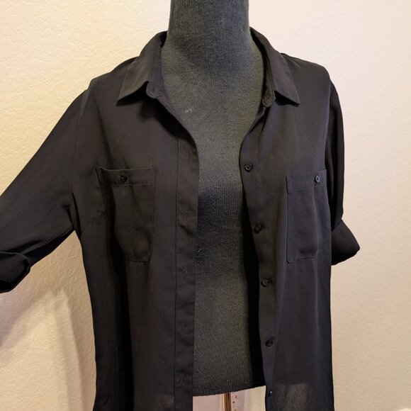 WHBM Black Sheer Chiffon Button Down Blouse Shirt Size 6 - Picture 2 of 3